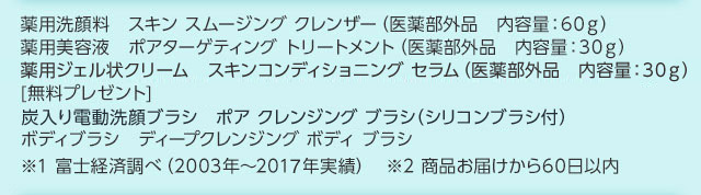 薬用洗顔料 スキン スムージング クレンザー(医薬部外品 内容量:60g)、薬用美容液 ポアターゲティング トリートメント(医薬部外品 内容量:30g)、薬用クリーム スキン ブライトニング ハイドレイター(医薬部外品 内容量:30g)、電動洗顔ブラシ ディープクレンジング ブラシ(シリコンブラシ付)(プレゼント) ボディブラシ ディープ クレンジング ボディ ブラシ(プレゼント)※1 富士経済調べ(2003年~2015年実績) ※2 商品お届けから60日以内